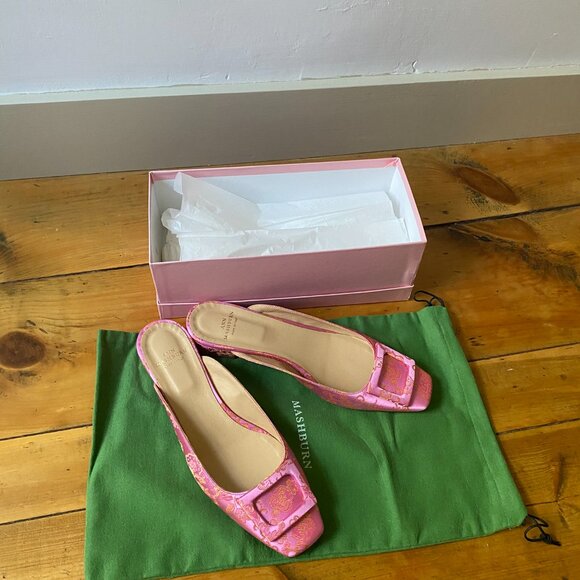 Ann Mashburn Pink and Orange Jacquard Floral Flats with Mule Buckle - Picture 2 of 8